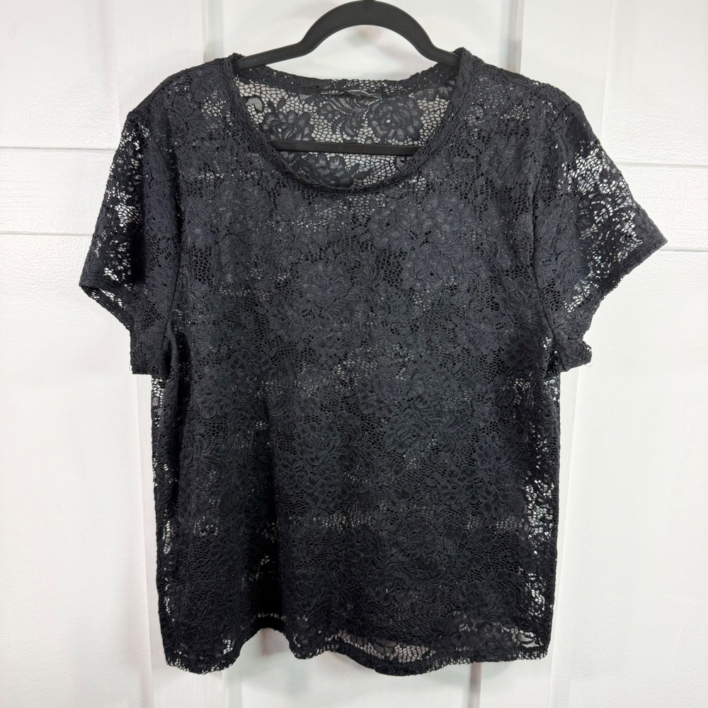 INC International Concepts Black‎ Floral Lace Short Sleeve Sheer Top Only XL